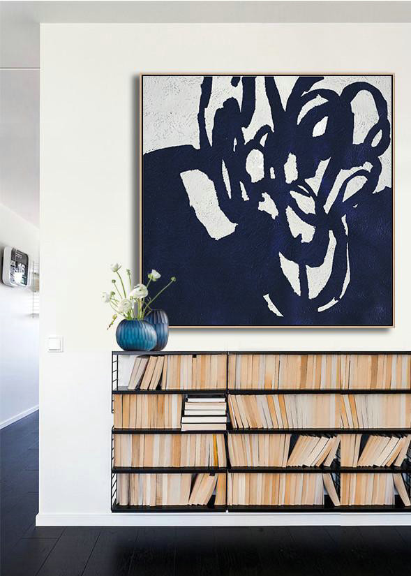 Large Canvas Art,Modern Art Abstract Painting,Hand-Painted Oversized Minimalist Navy Blue And White Painting,Hand-Painted Canvas Art